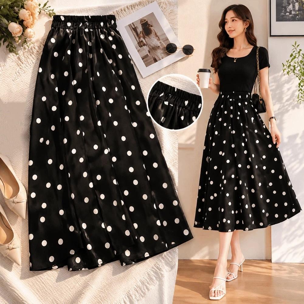 Schmal geschnittener A-Linien-Rock Elastischer Bund Halblanges Kleid Vintage Gepunkteter Rock Damen