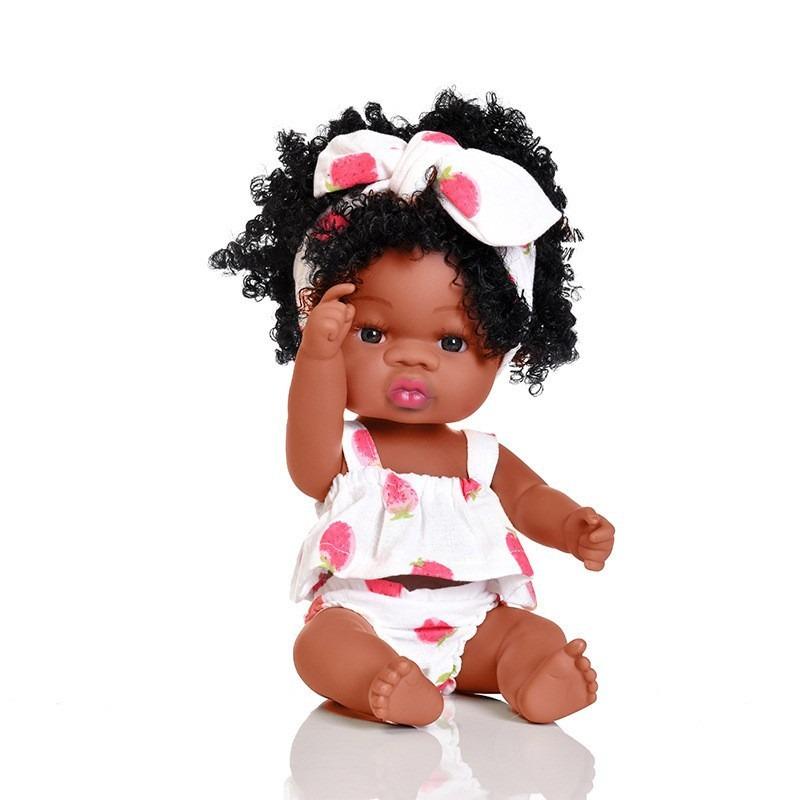 Cute 33cm Black Skin Reborn Girl Dolls with Afro Hair Full Silicone Body Lifelike Newborn Doll Open Eyes Alive Bebe Reborn Doll Children Holiday Gifts
