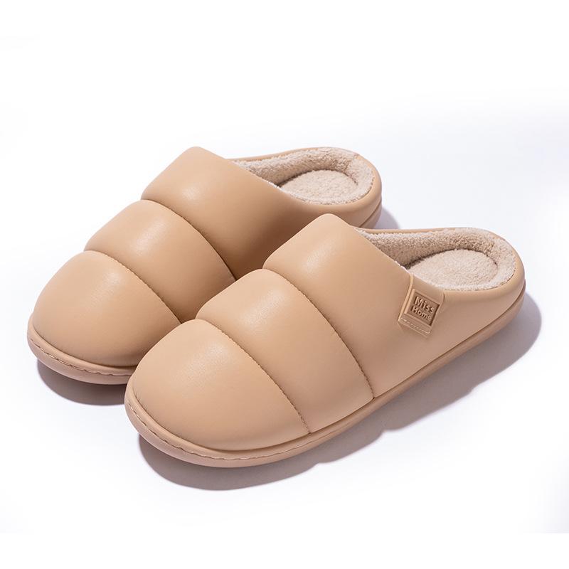 Home PU Leather Waterproof Cotton Slippers Autumn and Winter Floor Mop Non-slip Indoor Couple 2025 New Simple