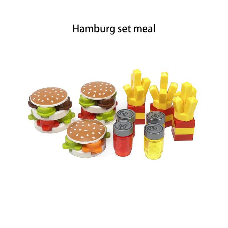 MOC Bausteine Kompatibel mit Lebensmittelmarkt Ausstellungsständer City Bausteine Brot Chips Brathähnchen Meeresfrüchte Obstkorb Spielzeug