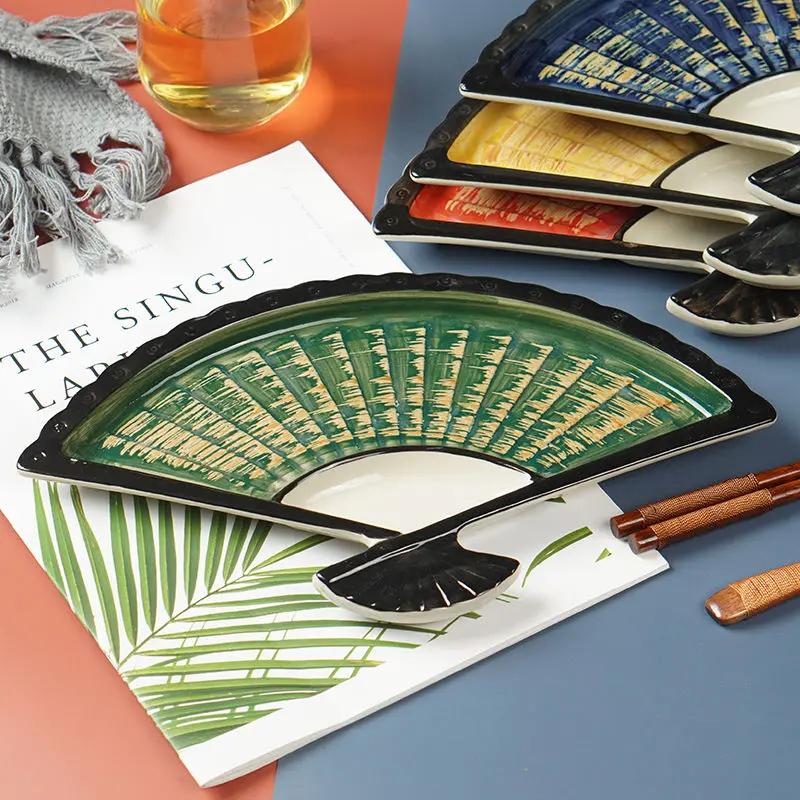 Dumpling Plate with Vinegar Dish Creative Ceramic Partition Plate Japanese Hand-painted Sushi Plate Fan-shaped Snack Plate