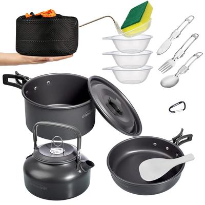 Overmont DS-300 Aluminium Kochgeschirr-Set, Outdoor Topf und Wasserkocher, Camping Kochgeschirr, Aufbewahrungstasche inklusive, Geeignet für 2-3 Personen