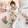 Pijama feminino de primavera e outono, manga comprida, fino, doce, verão, feminino, seda simulada, tamanho grande, conjunto de roupa de dormir solta