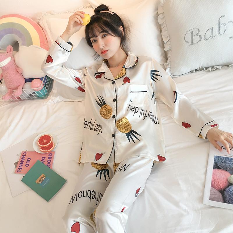 Pijama feminino de primavera e outono, manga comprida, fino, doce, verão, feminino, seda simulada, tamanho grande, conjunto de roupa de dormir solta