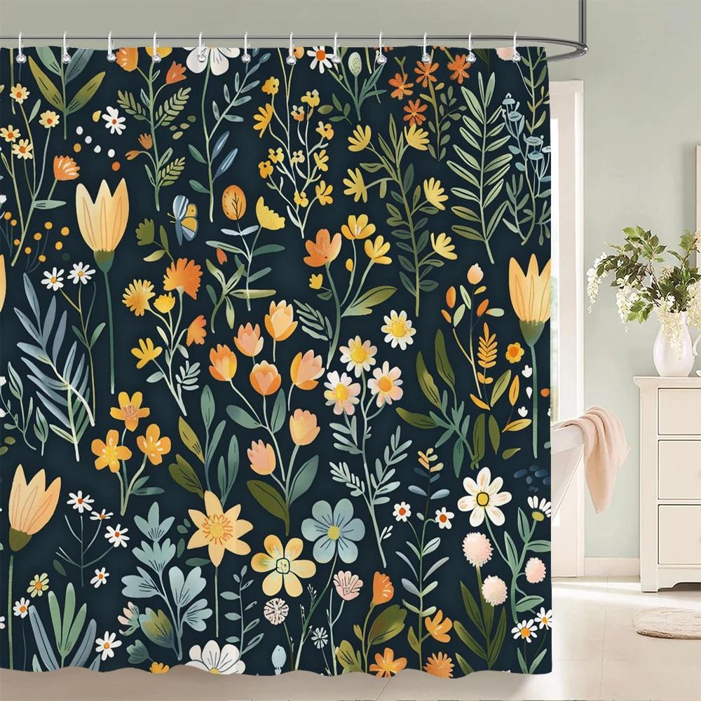 Home Shower Curtains for Bathroom Waterproof Fabric Spring Floral  and Plants Bathroom Curtains with Hooks Decorative Curtain