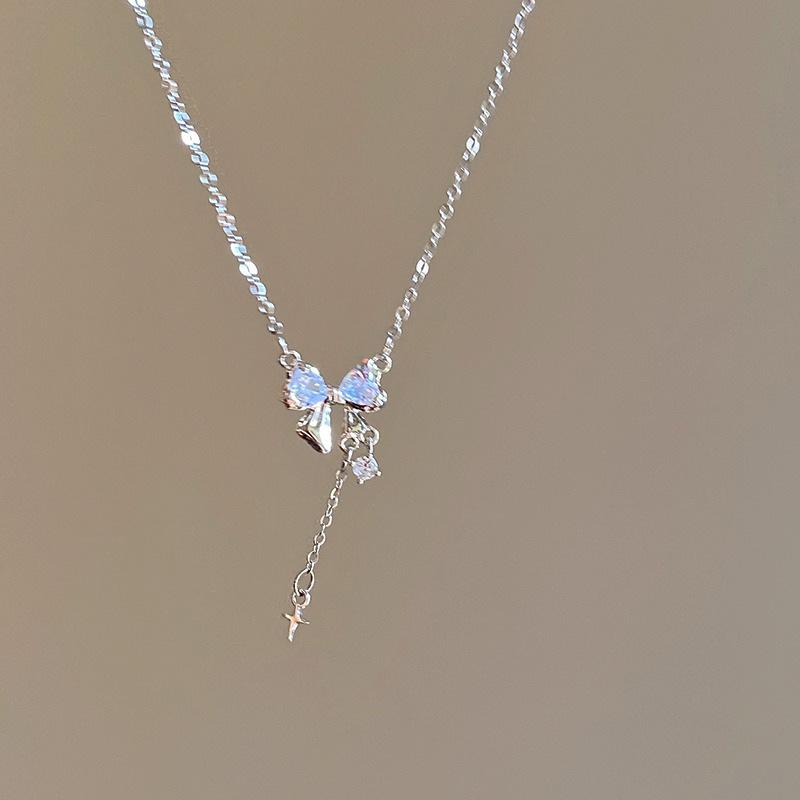 

Tassel Bow Knot Choker Necklace for Women Summer Zircon Star Light Luxury Geometric Pendant Chain