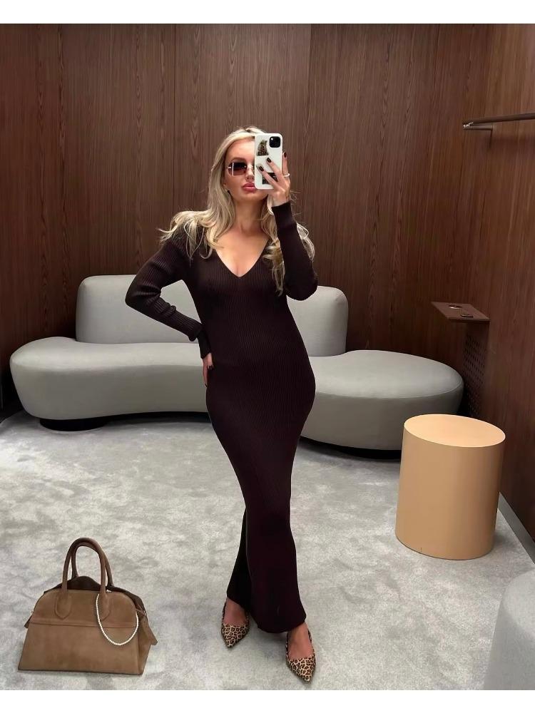 Women's Knitted Dress Elegant V Neck Thick  A-line Dress Brown Long Sleeve Vintage Midi Casual Dresses for Women