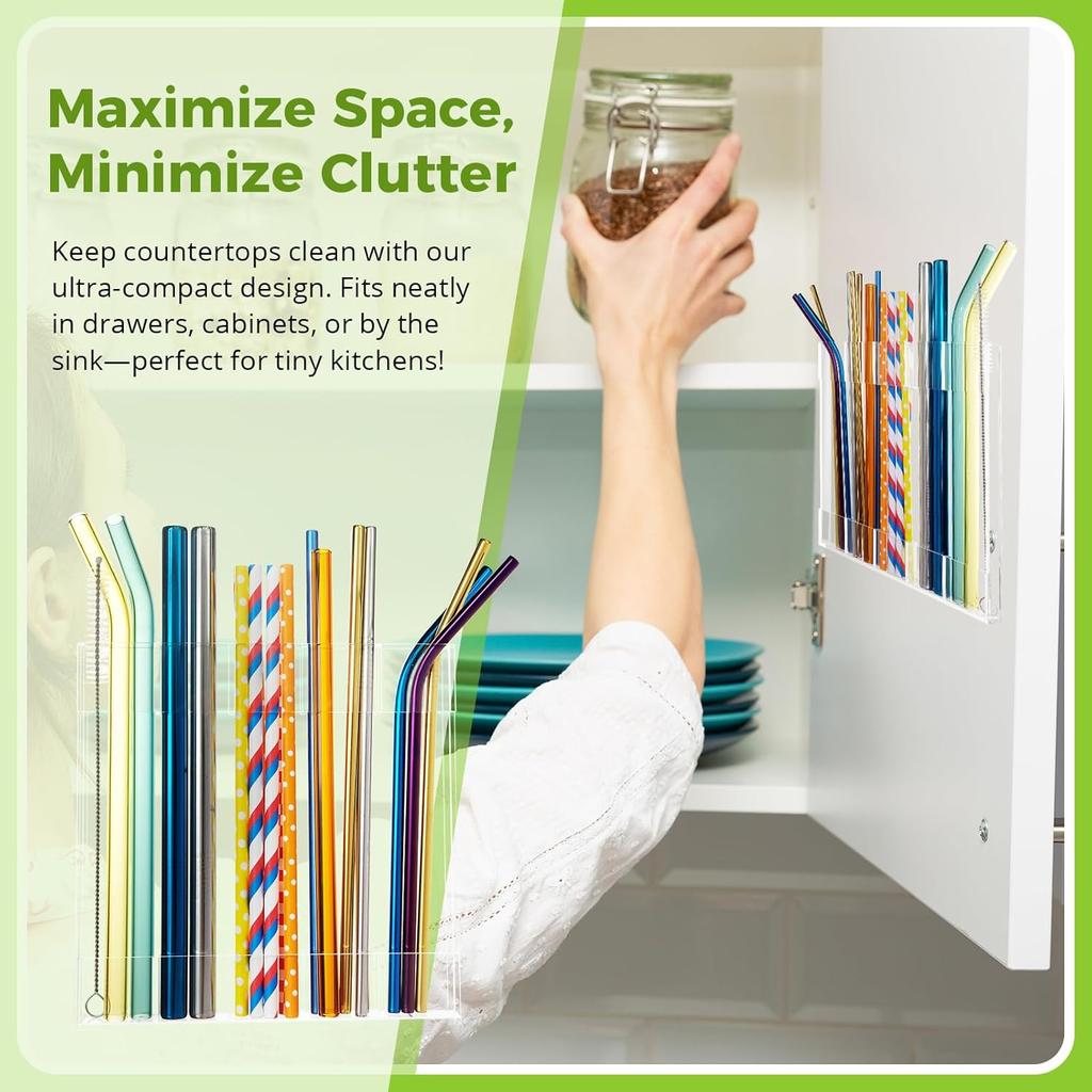 2 Pack Large Acrylic Straw Holder,Straw Rack with Double Sided Tape Organizer,Reusable Straws for Counter Cabinet Cupboard Kitchen (Clear)