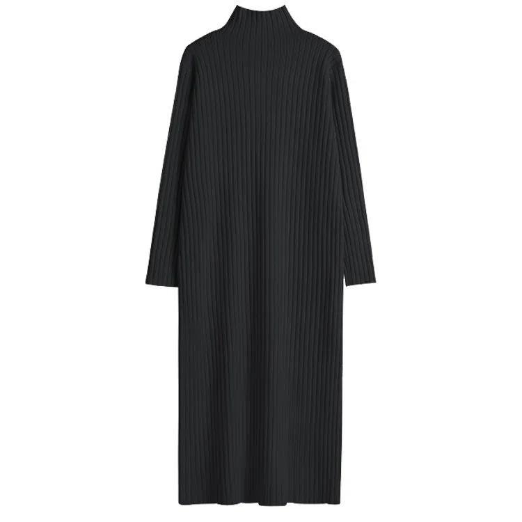 Podzimní a zimní dlouhé pletené šaty se spodničkou a kabátem, polovyvýšený límec, temperamentní volný svetr nad kolena