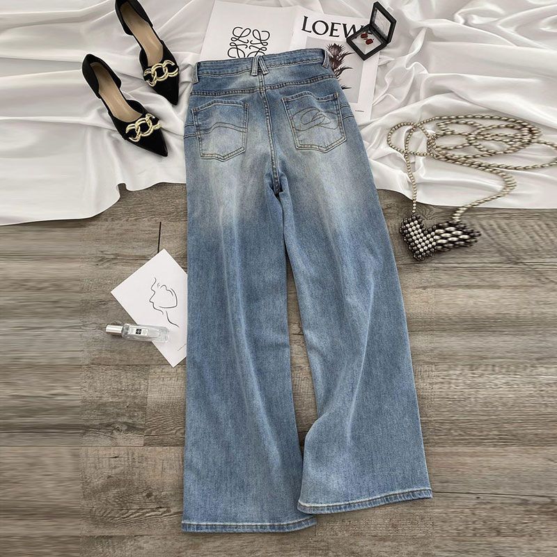 Comfortable Straight Jeans Design Sense Embroidery Loose Light Blue Skinny High Waist Drapey Wide Leg Long Trousers Jeans for Women Long Denim Pants