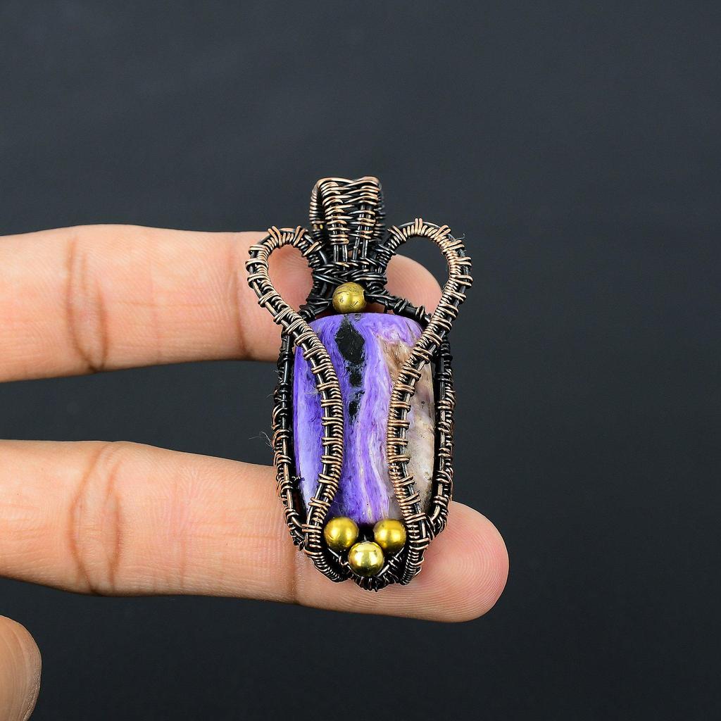 Charoite Gemstone Pure Copper Wire Wrapped Handmade Pendant Jewelry For Her