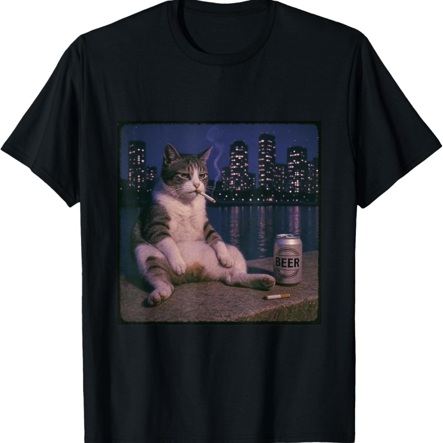 Кот-курильщик Забавный курящий кот Мем Глупый мозг Т-Ширт(10) S