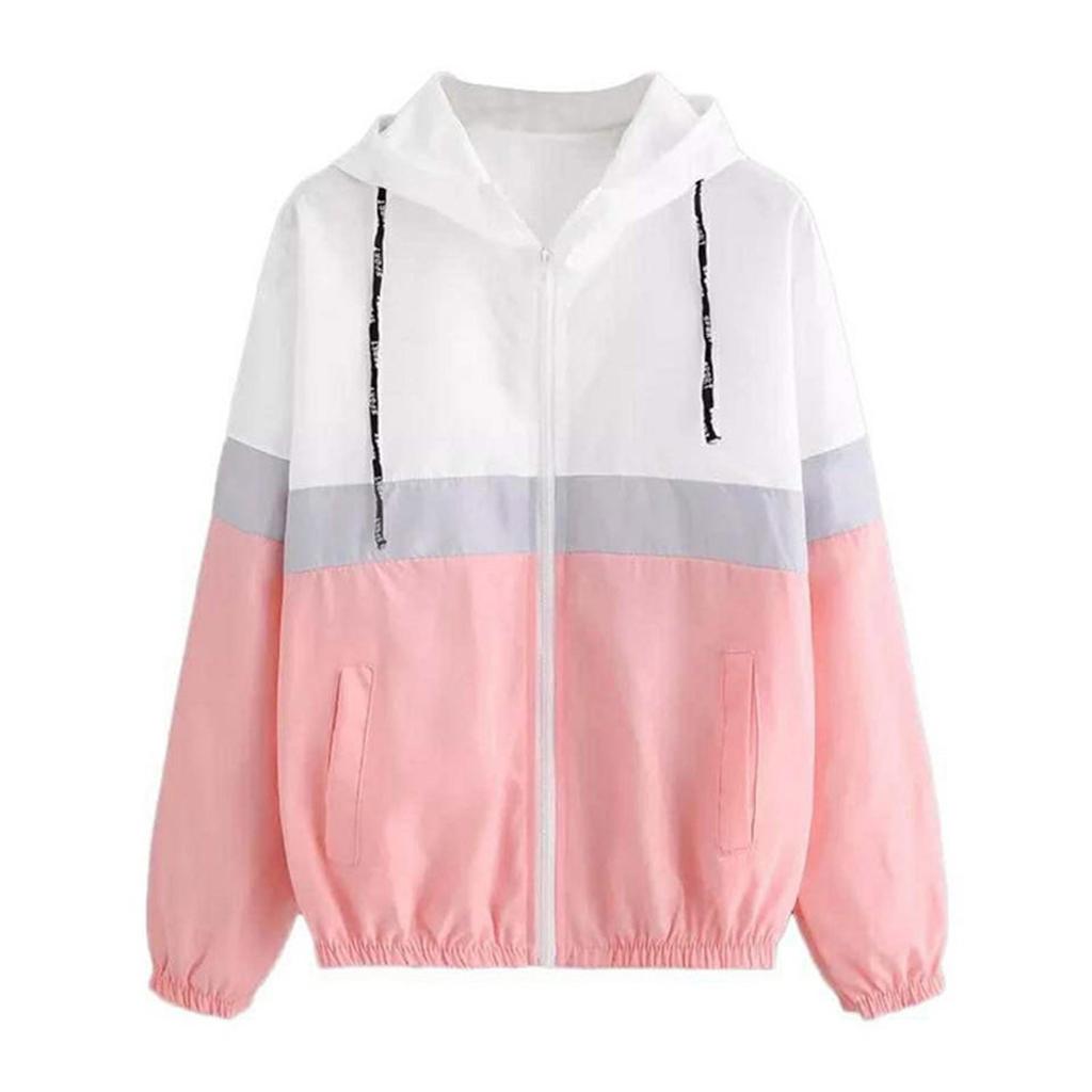 Womens  Long-sleeved Hooded Zipper  Stitching Contrast Color Windbreaker Coat