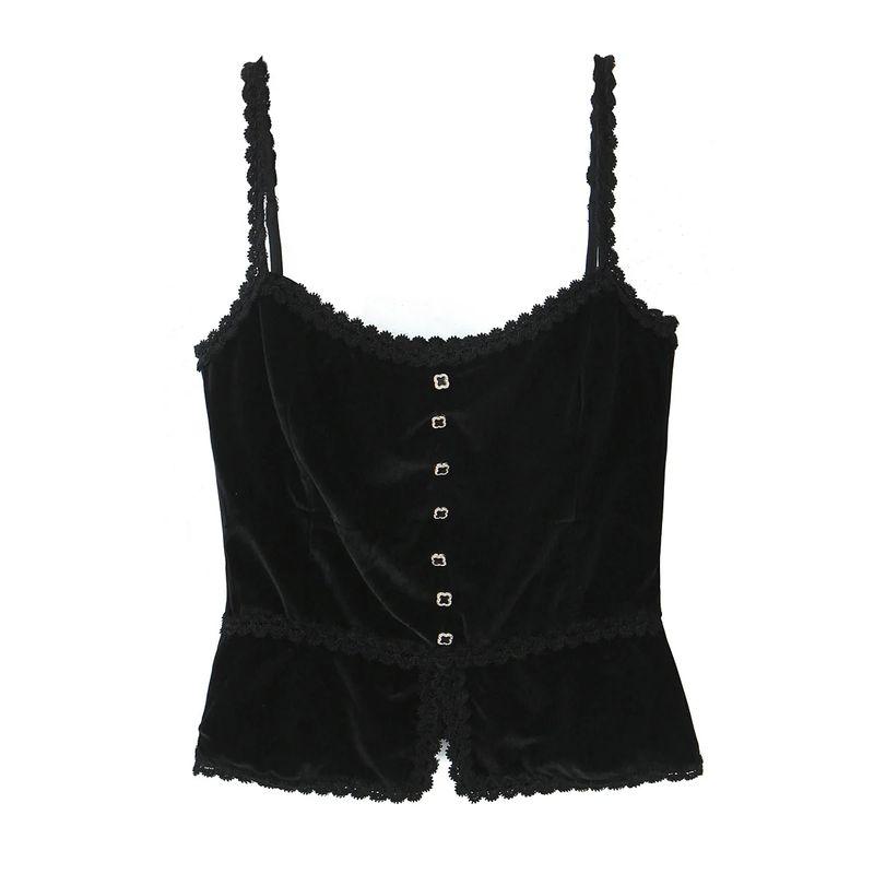 Spring New Women's Clothing French Sexy Style Lace Silm Four-Leaf Clover Decorative Buttons Velvet Spaghetti Straps Vest