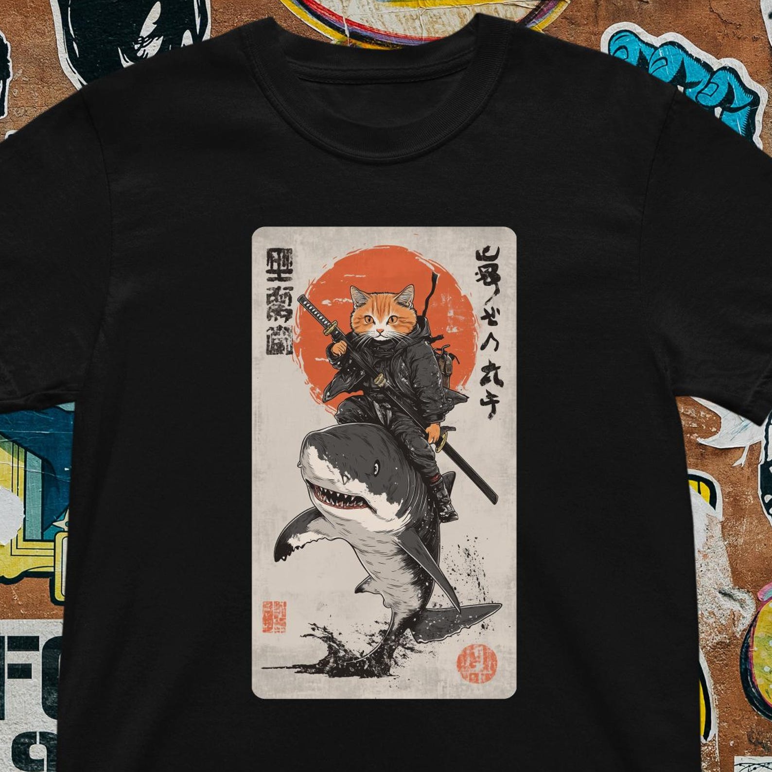 Samurai Cat T-Shirt Shark - Japanese Ukiyo-e Style Warrior Cat Tee L
