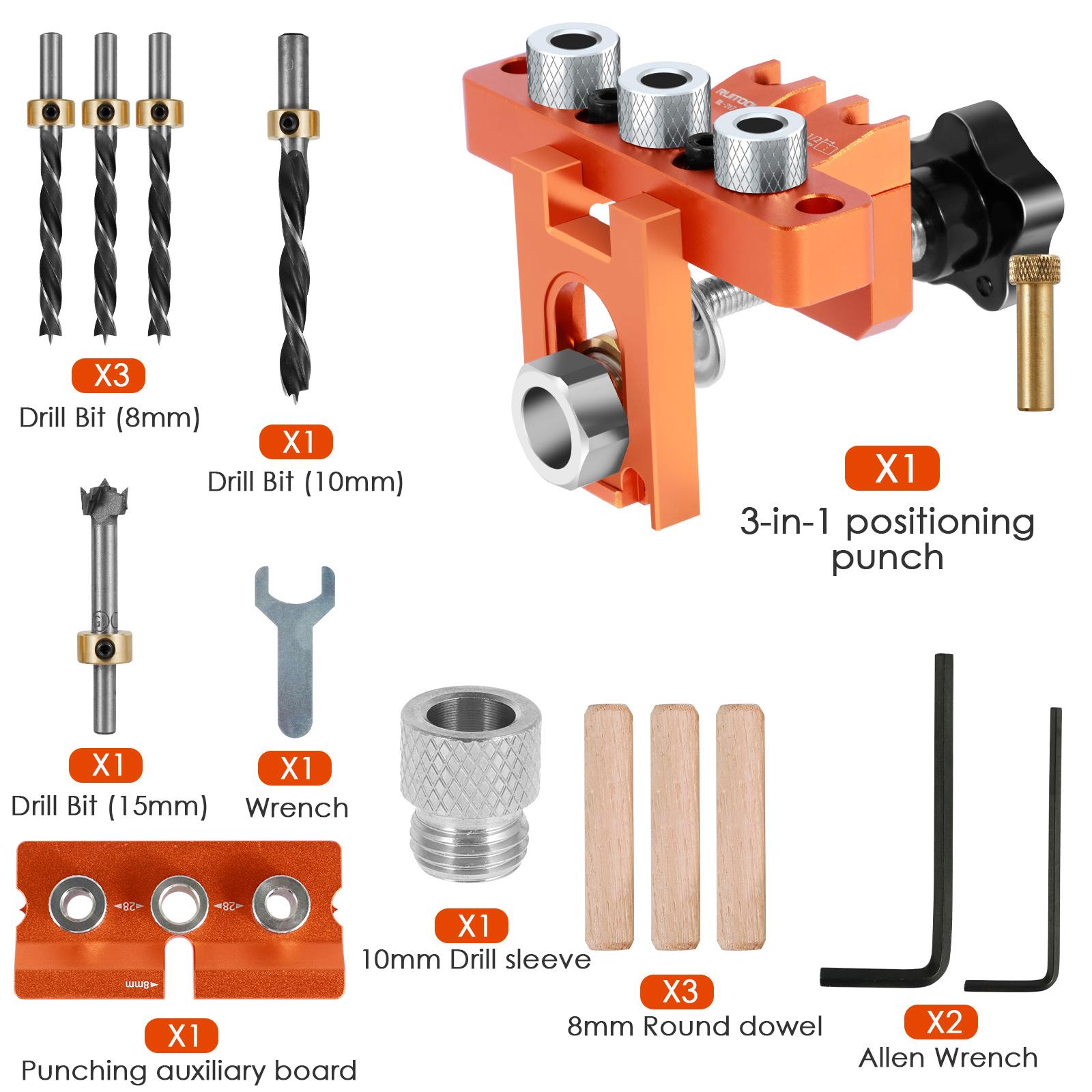 

3 в 1Dowel Cam Jig Набор для установки дюбелей Направляющая для сверления Дюбелей Jig Карманный дырокол Jig Локатор Инструменты для деревообработки Отверстие 8/10/15 мм