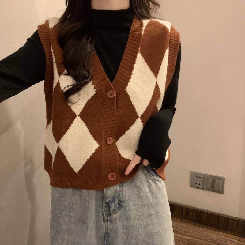 Women's Green Y2K Vintage Knitwear Sleeveless Argyle Knit V-Neck Blouse Tops Vest Sweater Korean Style Cardigan For Women