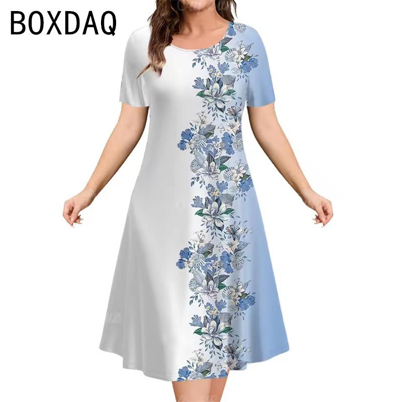 Oversized Women Dress Elegant Vintage 3D Floral Gradient Printed Dress Big Size Summer Short Sleeve Loose Casual A-Line Dress