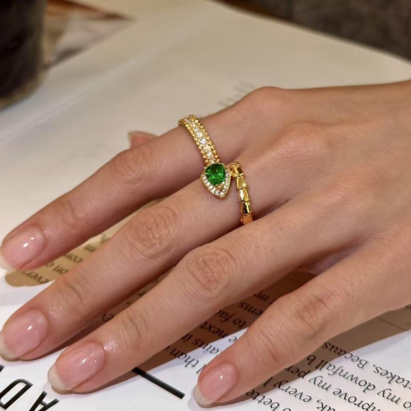 New Green Eyes, Snake Bone Shape, Open Ring, Emerald Ring, Women'S Light Luxury Advanced Sense Index Finger Ring
