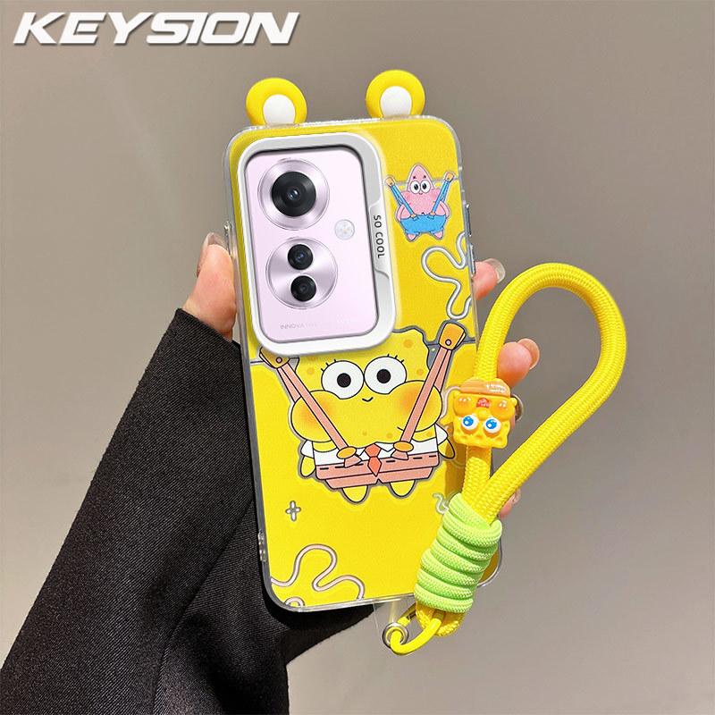 KEYSION Cute Ear Cartoon Case for OPPO Reno11 F 5G with Lanyard Soft Silicone+PC Shockproof Phone Back Cover for OPPO Reno 11F 5G