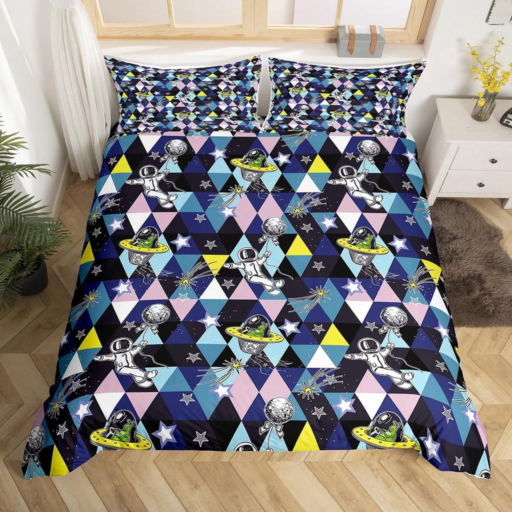 Cartoon Astronaut Duvet Cover Set Moon Clouds Starry Sky Quilt Cover Microfiber Galaxy Bedding Set Twin King For Boys Girls Gift