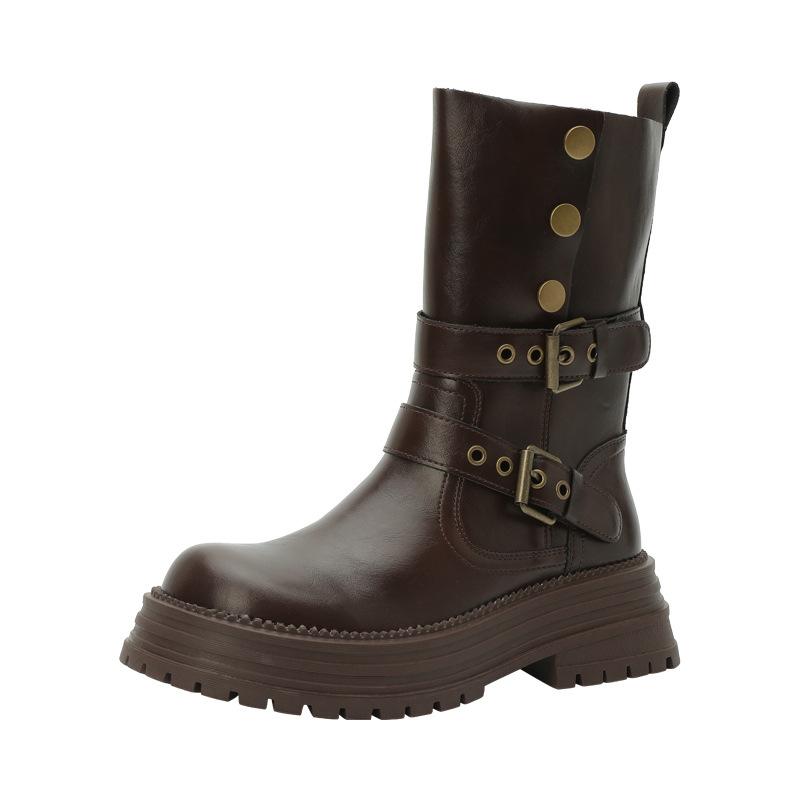 Thick-soled Maillard medium tube short boots women's 2025 autumn and winter new British style retro brown thick heel two wear Martin boots