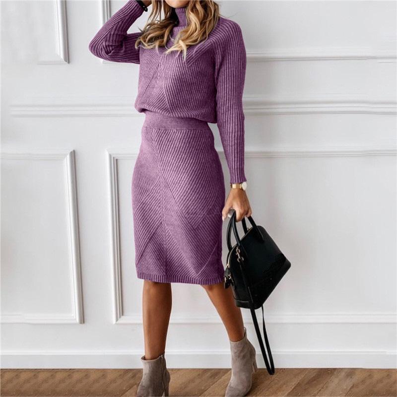 Autumn Women Sweater Dress Ladies Elegant Turtleneck Solid Color Pullover Knitted Tops Skirt Set 2 Piece Set Casual Outfits