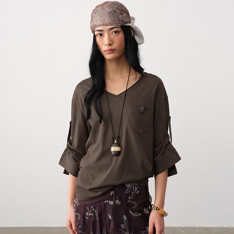 GREEN BELT Women's Loose V-Neck 3/4 Sleeve T-Shirt