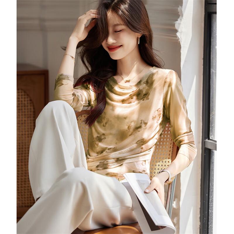 Women s Romantic Printed Pleated Long Sleeve T-shirt M