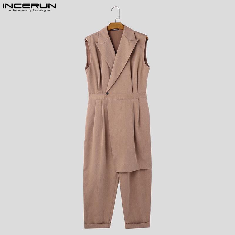 INCERUN Men V Neck Long Sleeve Irregular Layers Zipper Long Jumpsuits Rompers