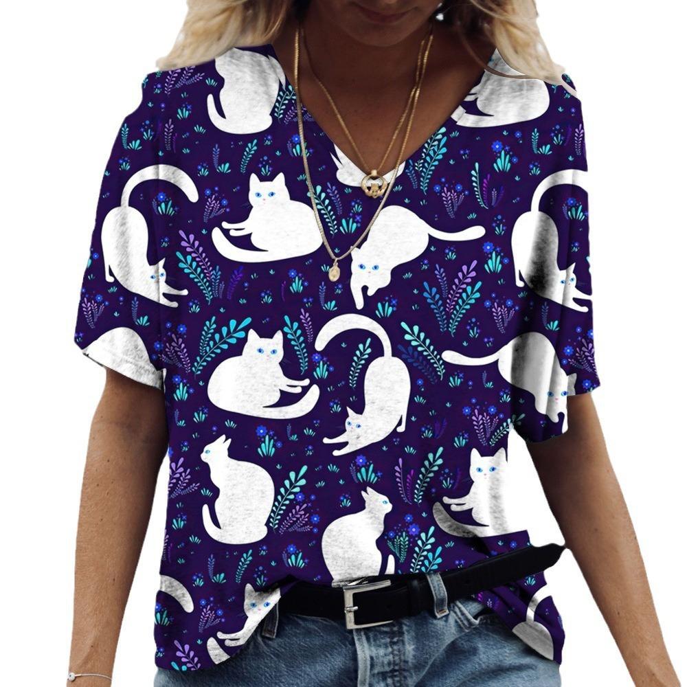Summer 3D T-shirt Short Sleeved Cat Print Women's V-neck T-shirt
