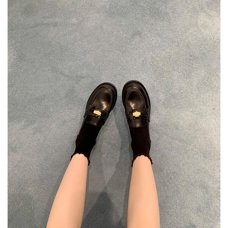 Sheepskin Version~ British Genuine Leather Thick-soled Black Small Leather Shoes Women's Gold Coins Lazy One-pedal Flat-soled Single Shoes