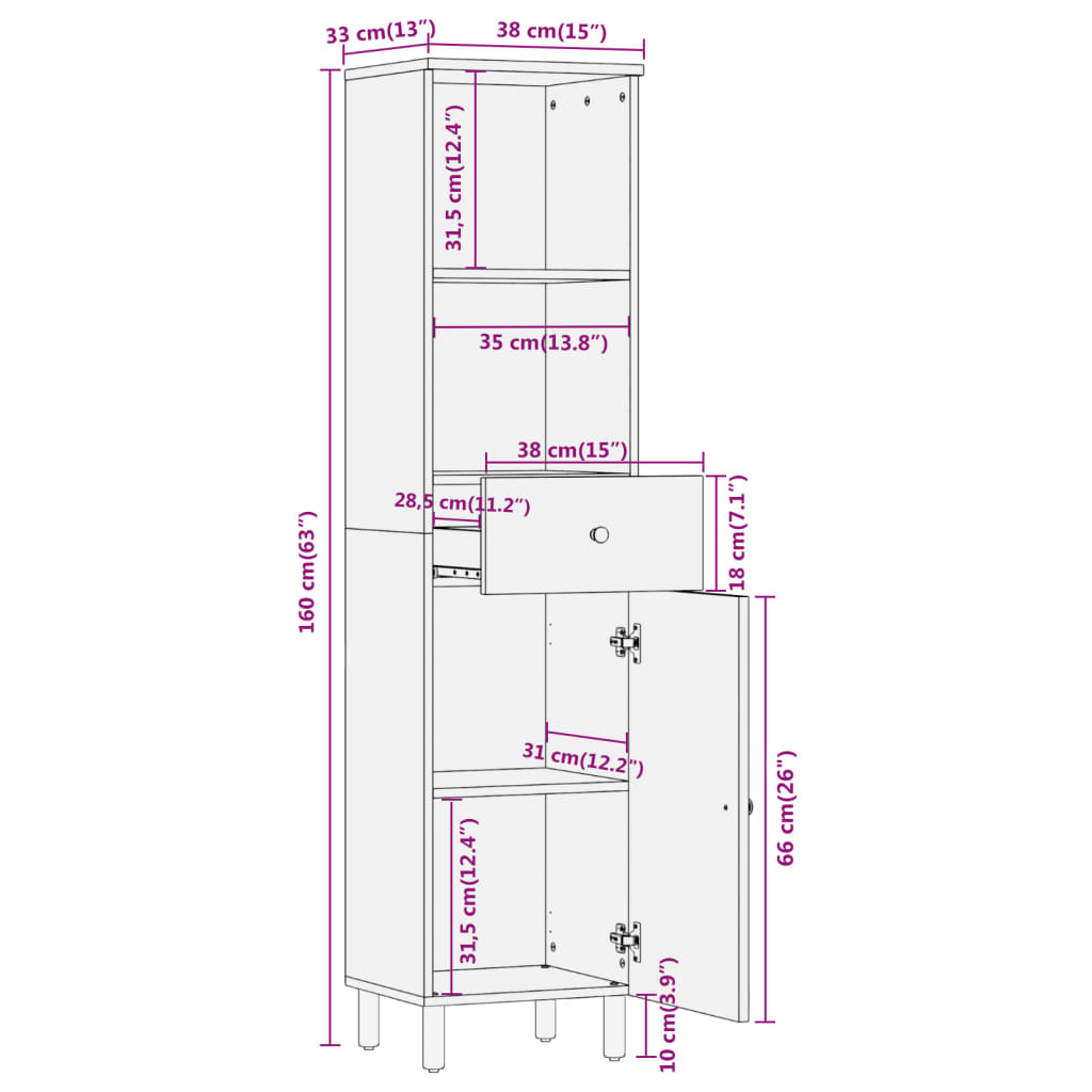 Bathroom Cabinet 38 X 33 X 160 Cm Solid Mango Wood