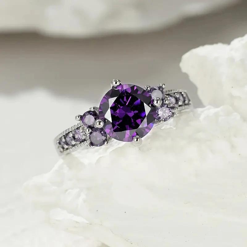 Huitan Charming Purple CZ Rings Bridal Wedding Accessories Silver Color Women Rings Anniversary Gift Temperament Lady