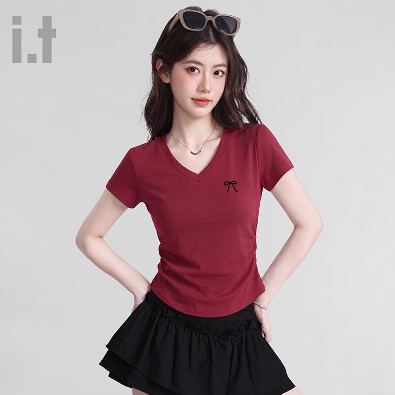 Fingercroxx IT Women s V-Neck Pleated Short Sleeve T-Shirt XL вино красного