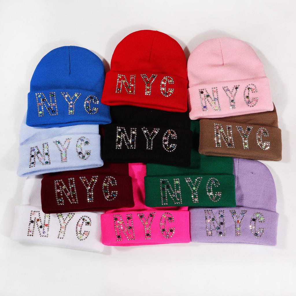 Rhinestone Nyc Letters Knit Hat For Unisex Autumn Winter Warm Cap Fashion Gift