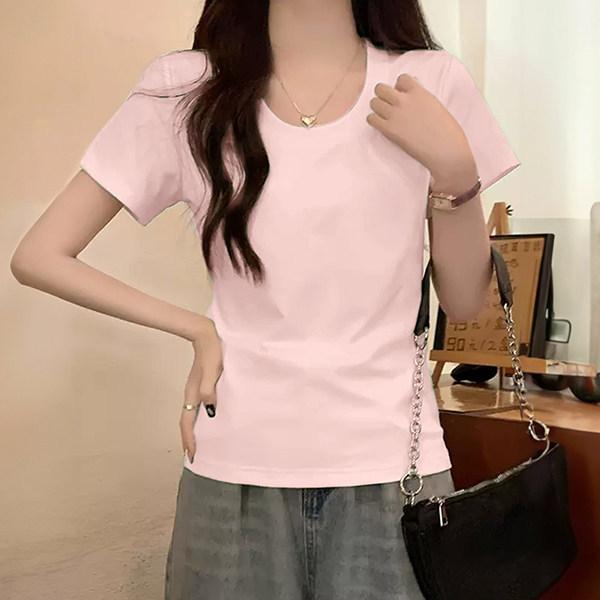 Front Shoulder Short-sleeved Cool T-shirt Women's Summer, New Bottoming Shirt, Short Inner with U Round Neck Slim-fitting White Top