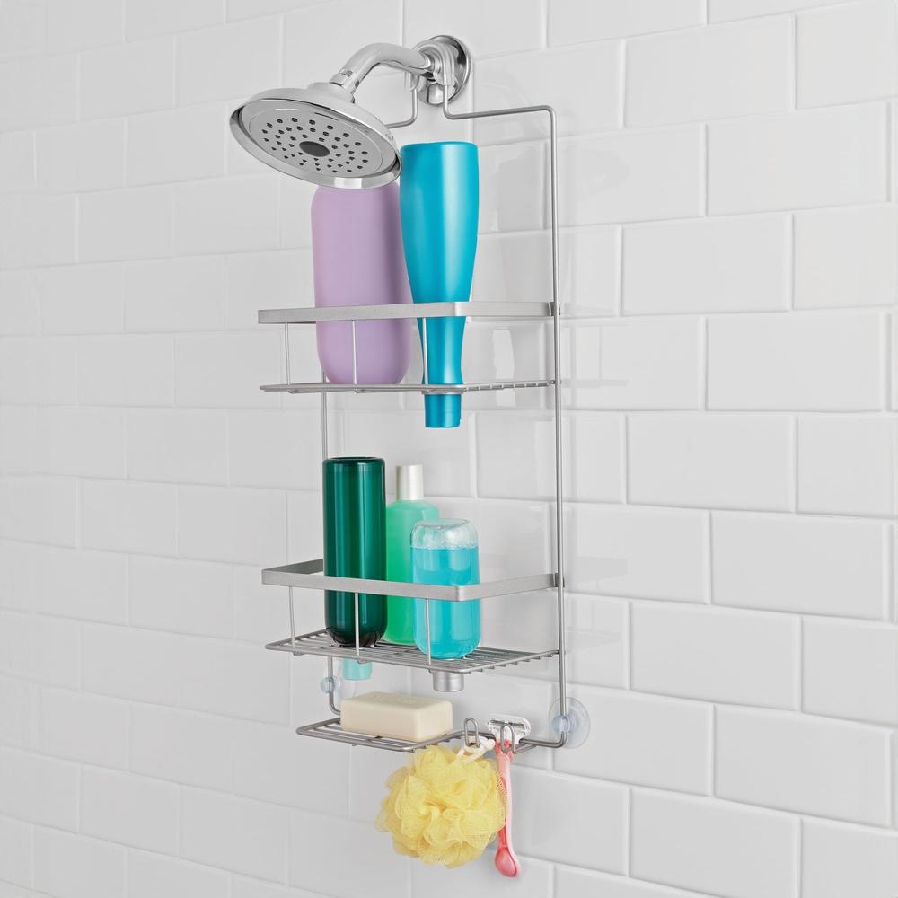 Premium Hanging Shower Caddy 2 Shelves Rust Resistant Soap Tray Over Showerhead Storage Non Slip Collar Suction Cups Hooks
