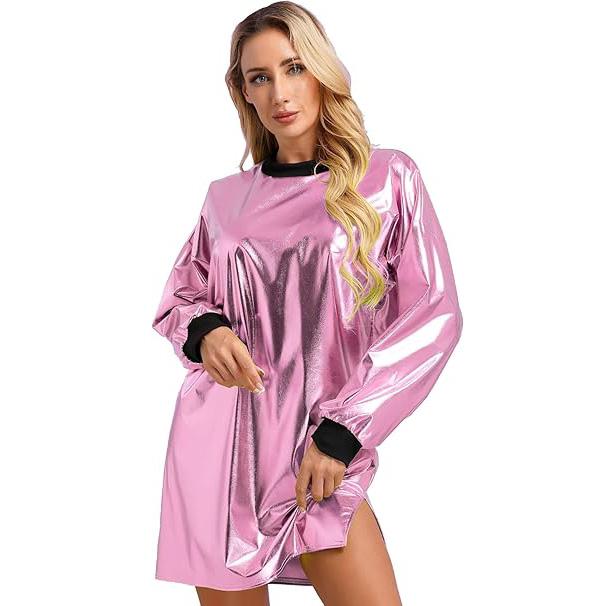 

Женское блестящее металлическое вечернее платье с длинным рукавом и круглым вырезом, футболка, клубная одежда 2XL розовый