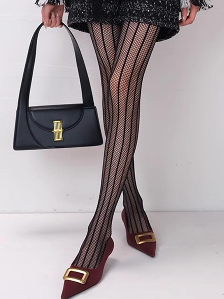 Women Vintage Solid Fishnet Lace Pattern Tights Stockings Hollowed Rhombus Striped Geometric Jacquard Pantyhose Leggings