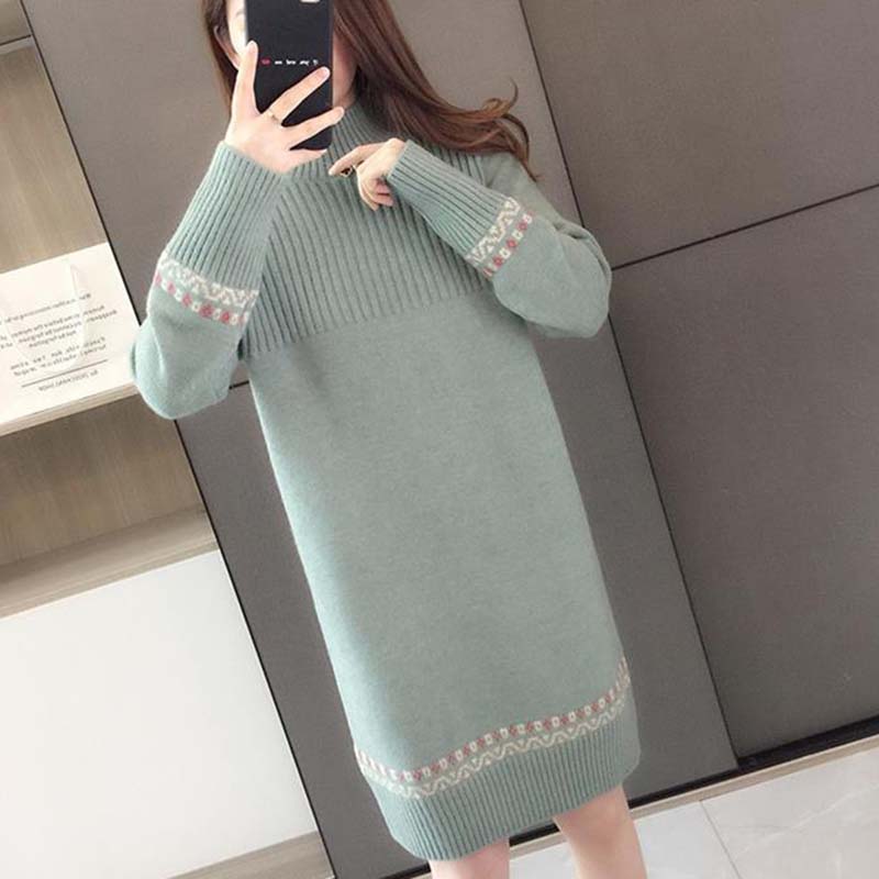 

Женский свитер Осень Зима Утепленный Теплый Вязаный Эластичный С Длинным Рукавом Оверсайз Вязаное Платье-свитер Топ XXXL зелёный