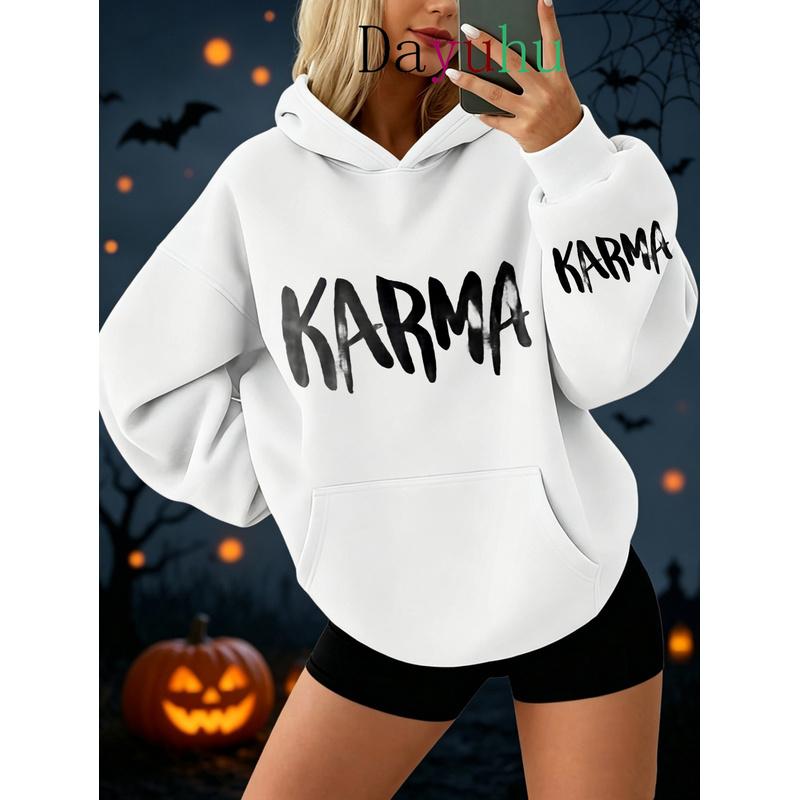 Oversized street-style hooded sweatshirt for Halloween with Karma print. Suitable for autumn and winter casual wear for ladies.