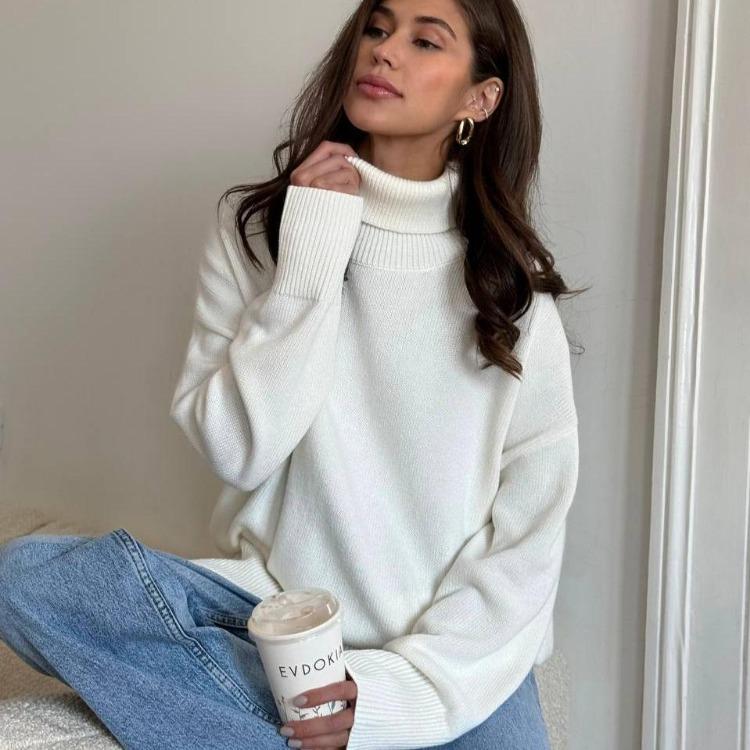 Trendy Chunky Oversized Knitted Sweater Women Turtleneck Pullover Long Sleeve Casual Tops Solid Winter Fall Outfits One size слоновая кость