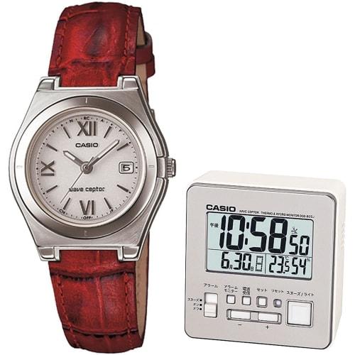 

Women s Wave Cepter solar-powered radio-controlled watch with a leather band, red, and a radio-controlled alarm clock (LWQ-10LJ-4A2JF & DQD-805J-8JF)