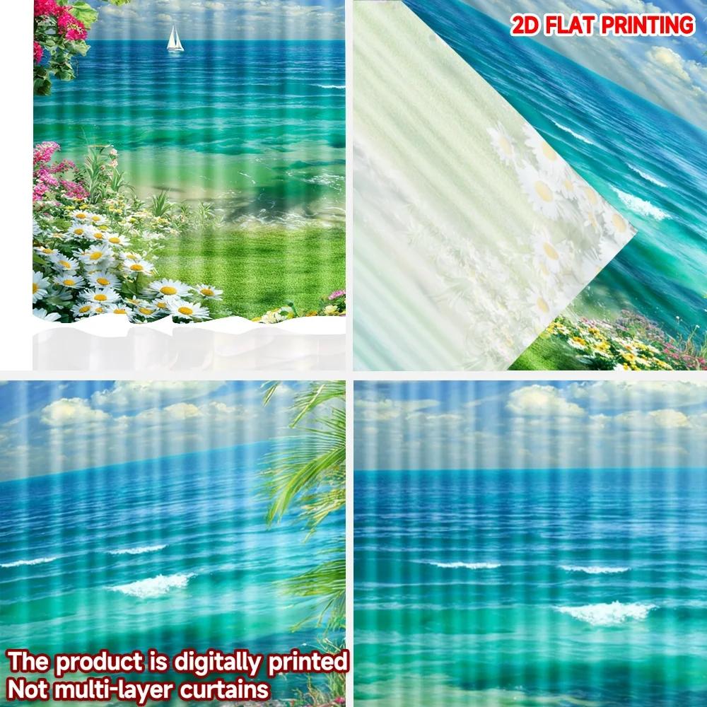 Set Of 2 Tropical Beach Curtains Ocean View Palm Trees Colorful Flowers Light Blue Background Living Room Curtain Polyester Ideal For Great