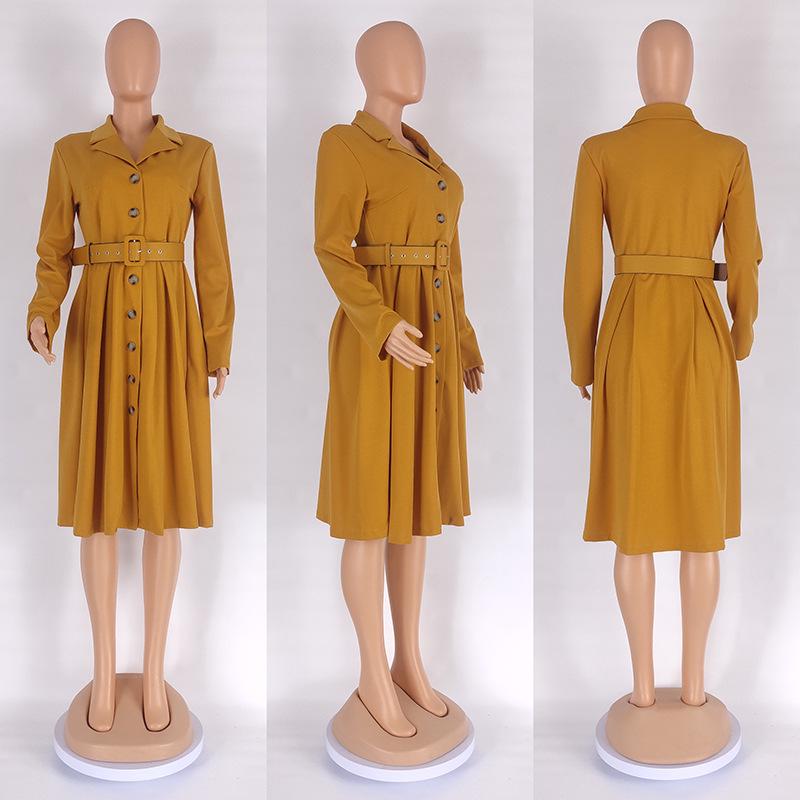 Solid Color V-Neck A-Line Dress with Belt, European & American Style, Plus Size, African Women