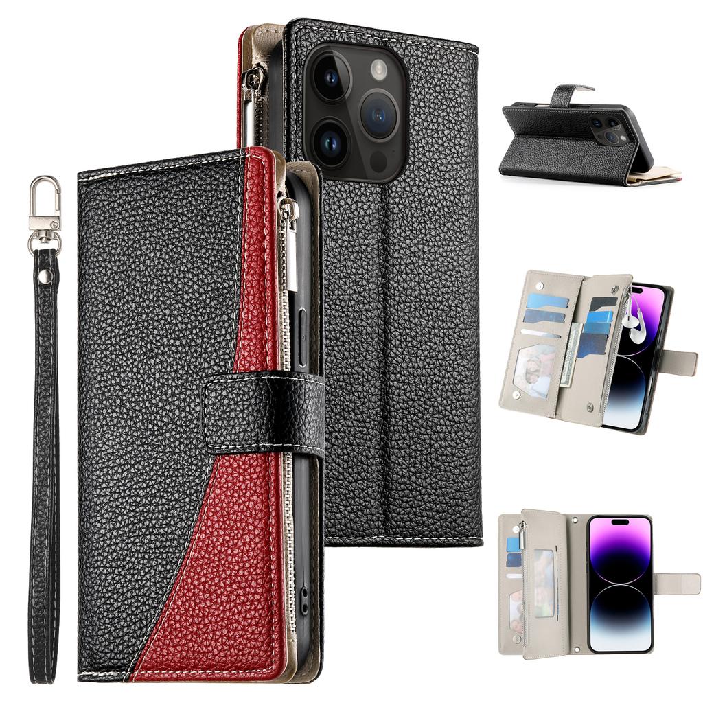 For iPhone 14 Pro Case Zipper Pocket Wallet Color Splicing Leather Flip Phone Cover with Straps