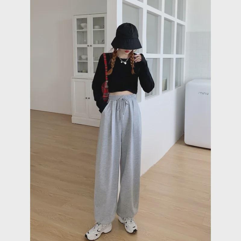 6535 Cotton Korean Casual Gray High-Waist Sports Leggings for Spring & Autumn