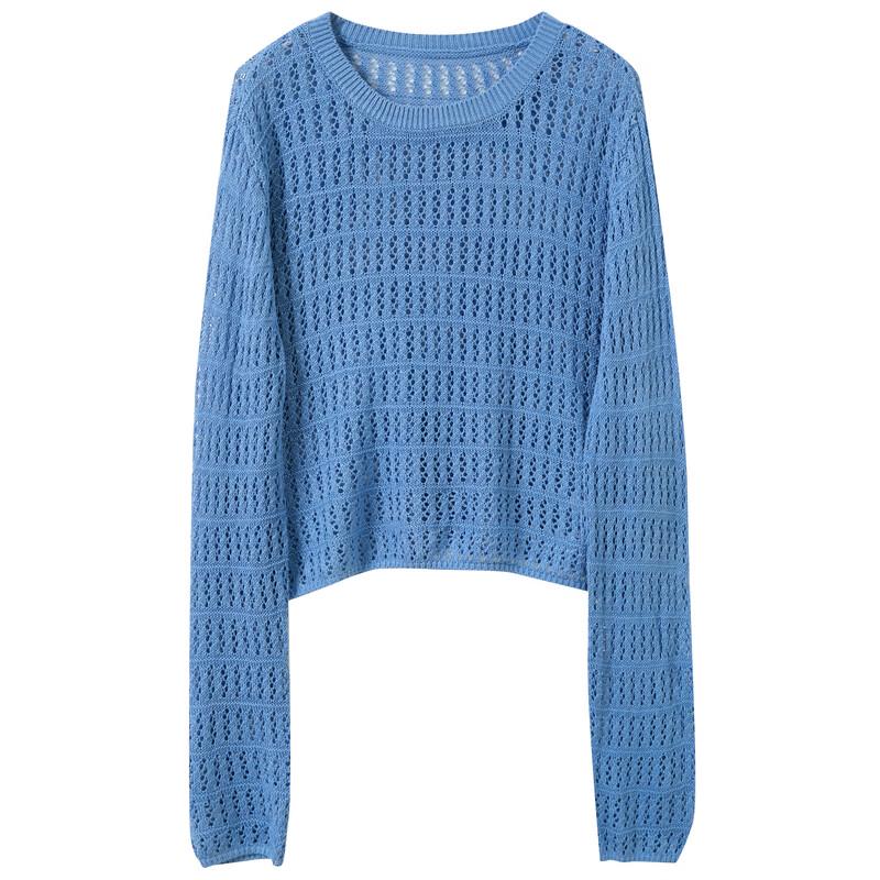 Openwork Knit Round Neck Long Sleeve Loose Short Blouse