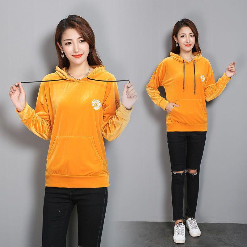 Women's Sweatshirt Gold Velvet Spring and Autumn Hooded Long-sleeved Tops Fashionable and Trendy Korean Style Loose Student Bottoming Shirt